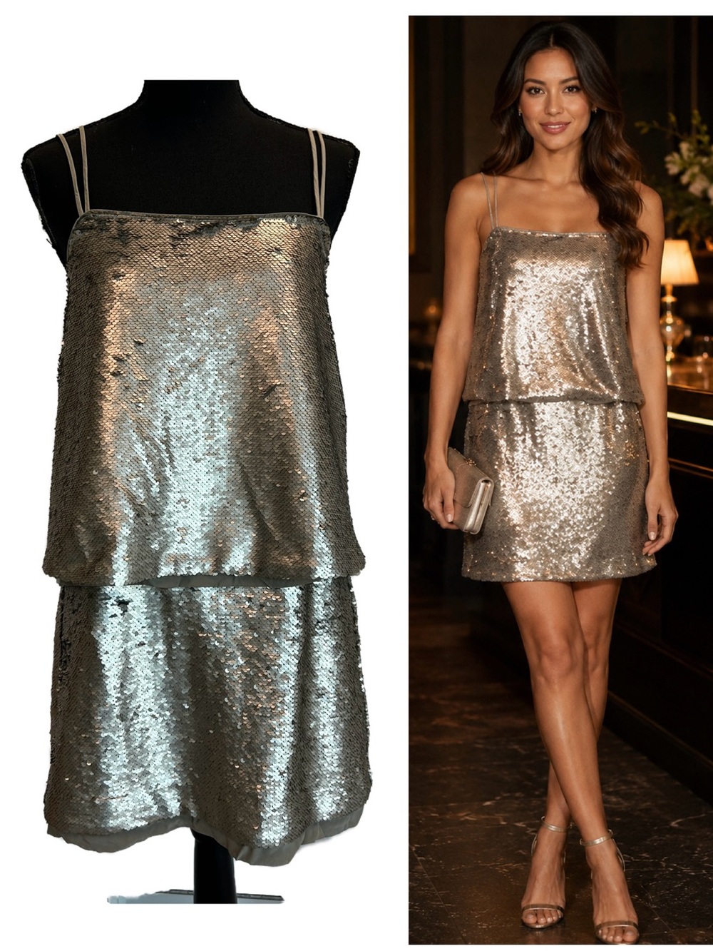 Banana Republic Silver Sequin Blouson camisole Mini Dress Petite 4 NWT
